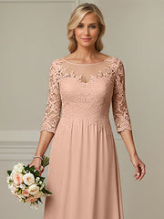 A-Line Illusion Neck 1/2 Sleeves Chiffon Mother Of The Bride Dresses With Appliques Lace