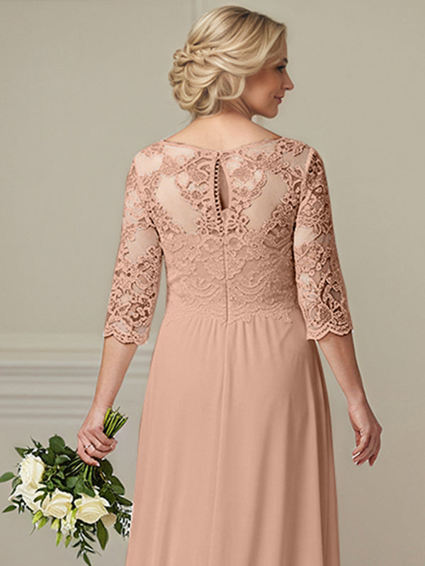 A-Line Illusion Neck 1/2 Sleeves Chiffon Mother Of The Bride Dresses With Appliques Lace