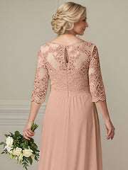 A-Line Illusion Neck 1/2 Sleeves Chiffon Mother Of The Bride Dresses With Appliques Lace