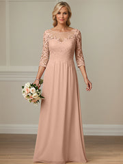 A-Line Illusion Neck 1/2 Sleeves Chiffon Mother Of The Bride Dresses With Appliques Lace
