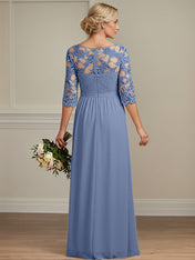 A-Line Illusion Neck 2/3 Sleeves Chiffon Mother Of The Bride Dresses With Appliques Lace
