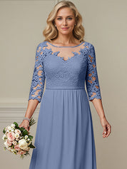 A-Line Illusion Neck 2/3 Sleeves Chiffon Mother Of The Bride Dresses With Appliques Lace