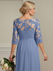 A-Line Illusion Neck 2/3 Sleeves Chiffon Mother Of The Bride Dresses With Appliques Lace