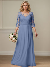 A-Line Illusion Neck 2/3 Sleeves Chiffon Mother Of The Bride Dresses With Appliques Lace