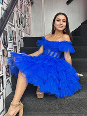 A-Line Off The Shoulder Lace Up Short Tulle Homecoming Dress