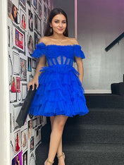 A-Line Off The Shoulder Lace Up Short Tulle Homecoming Dress