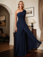 A-Line One-Shoulder Floor-Length Elastic Satin Mother Of The Bride Dress