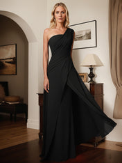 A-Line One-Shoulder Floor-Length Elastic Satin Mother Of The Bride Dress