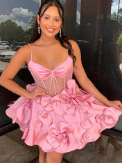A-Line Spaghetti Straps Short Floral Satin Homecoming Dress