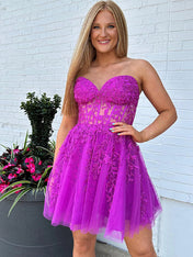 A-Line Strapless Lace Up Short Tulle Homecoming Dress with Appliques