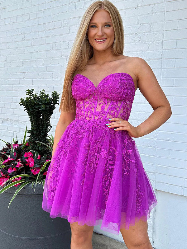 A-Line Strapless Lace Up Short Tulle Homecoming Dress with Appliques