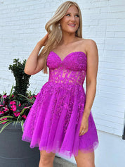 A-Line Strapless Lace Up Short Tulle Homecoming Dress with Appliques