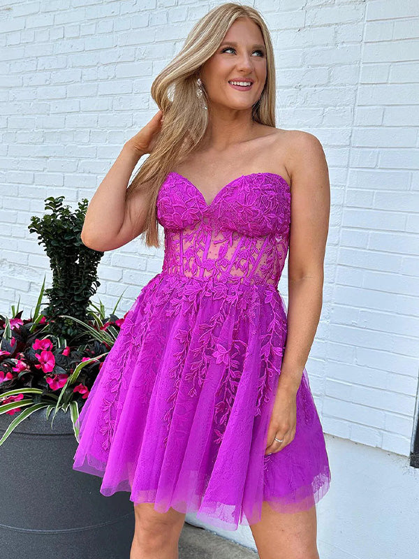 A-Line Strapless Lace Up Short Tulle Homecoming Dress with Appliques