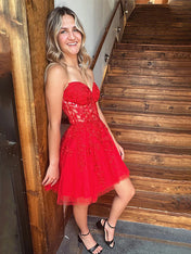 A-Line Strapless Lace Up Short Tulle Homecoming Dress with Appliques