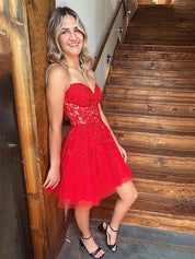A-Line Strapless Lace Up Short Tulle Homecoming Dress with Appliques