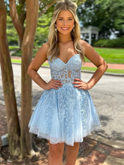 A-Line Strapless Lace Up Short Tulle Homecoming Dress with Appliques