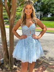 A-Line Strapless Lace Up Short Tulle Homecoming Dress with Appliques