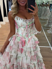 A-Line Strapless Print Ruffles Tiered Long Prom Dress