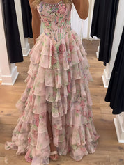 A-Line Strapless Print Ruffles Tiered Long Prom Dress