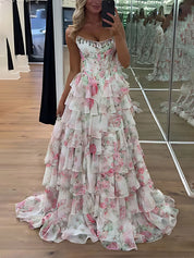 A-Line Strapless Print Ruffles Tiered Long Prom Dress