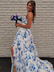 A-Line Strapless V-Neck Tiered Printing Long Prom Dress