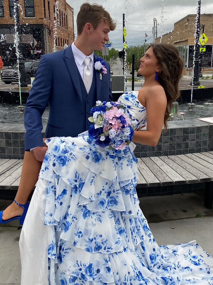 A-Line Strapless V-Neck Tiered Printing Long Prom Dress