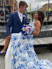 A-Line Strapless V-Neck Tiered Printing Long Prom Dress