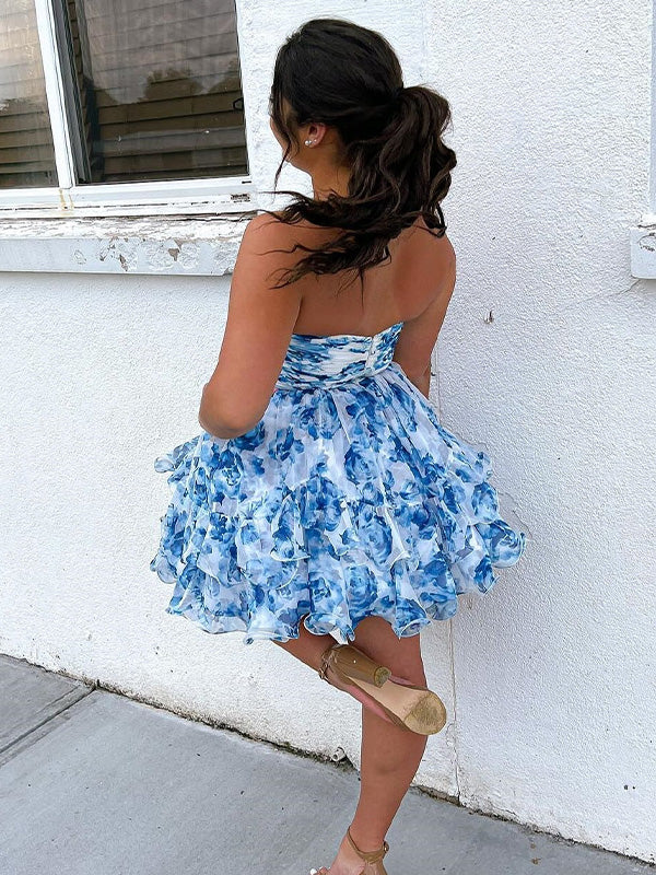 A-Line Sweetheart Short Tiered Print Chiffon Homecoming Dress