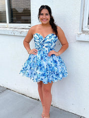A-Line Sweetheart Short Tiered Print Chiffon Homecoming Dress