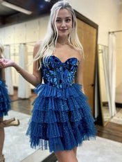 A-Line Sweetheart Short Tiered Tulle Homecoming Dress with Mirror