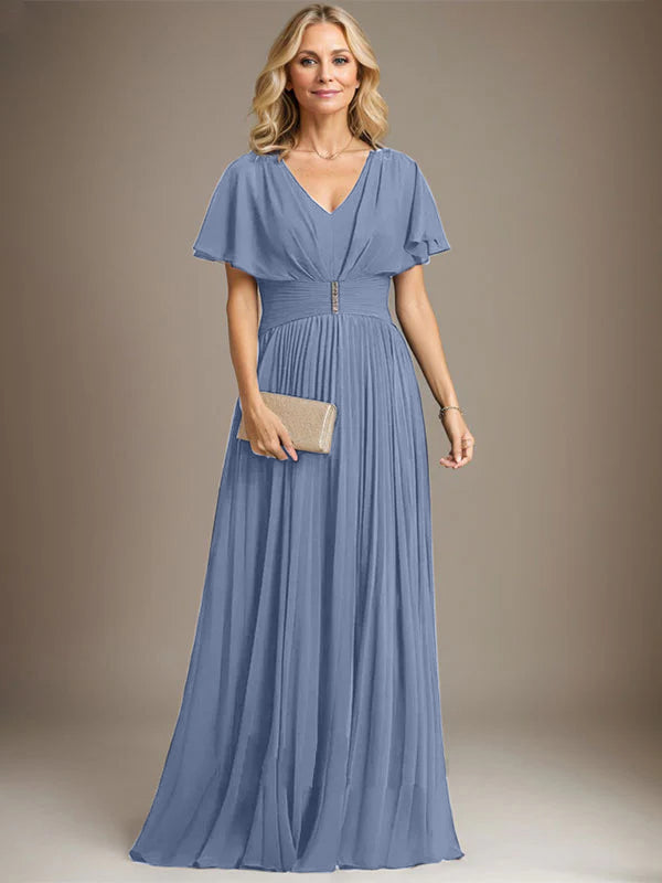 A-line V-Neck Floor-Length Chiffon Mother of the Bride Dress With Crystal Brooch Pleated