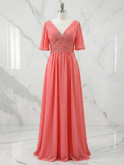 A-line V-Neck Floor-Length Chiffon Mother of the Bride Dress With Sequins Appliques Lace Pleated