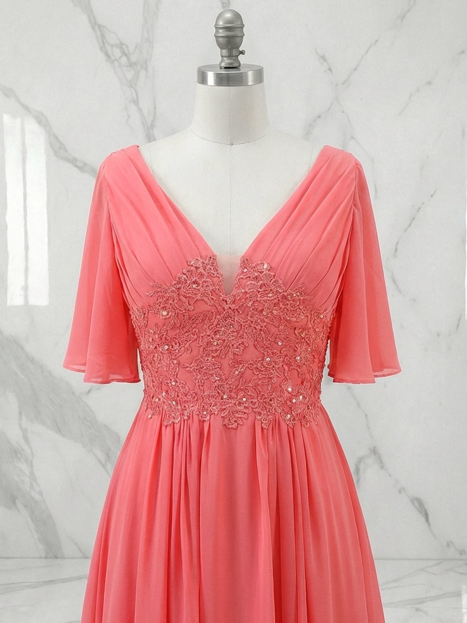 A-line V-Neck Floor-Length Chiffon Mother of the Bride Dress With Sequins Appliques Lace Pleated