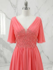 A-line V-Neck Floor-Length Chiffon Mother of the Bride Dress With Sequins Appliques Lace Pleated