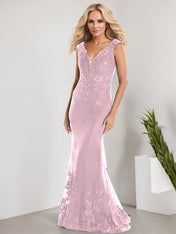 A-line V-Neck Floor-Length Lace Chiffon Mother of the Bride Dress With Applique Sequins Mermaid Dresses
