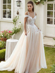 Off the Shoulder Wedding Dresses for Women Boho Applique A Line Ball Gown