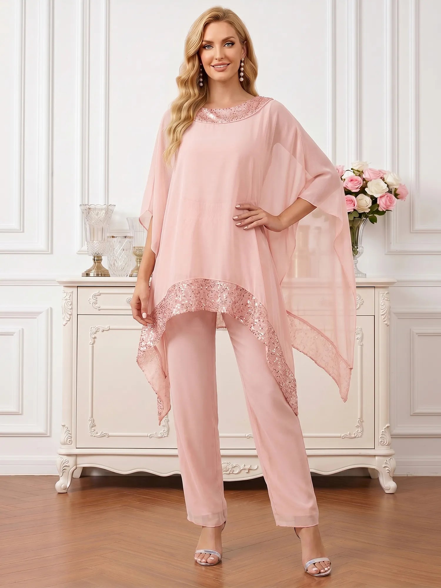 Round Neck Asymmetric Chiffon Poncho Pant Set with Shimmering Sequin Trim