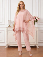 Round Neck Asymmetric Chiffon Poncho Pant Set with Shimmering Sequin Trim