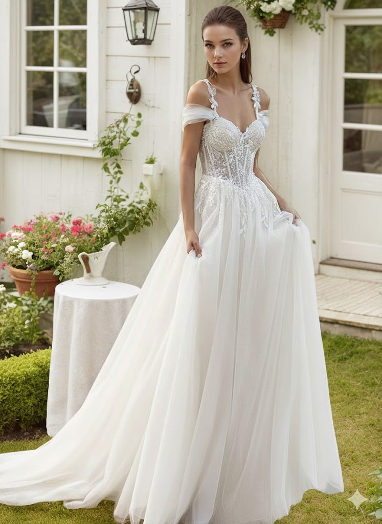 Off the Shoulder Wedding Dresses for Women Boho Applique A Line Ball Gown