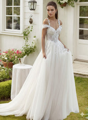 Off the Shoulder Wedding Dresses for Women Boho Applique A Line Ball Gown