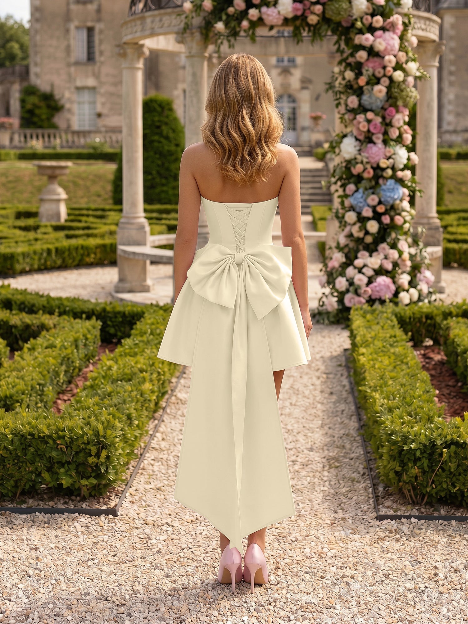 Architectural Blush Pink Strapless High-Low Satin Homecoming Mini Dress