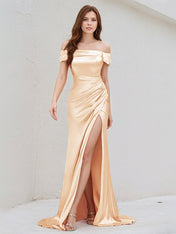Champagne Satin Off The Shoulder Sleeveless Dress With High Slit