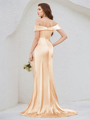 Champagne Satin Off The Shoulder Sleeveless Dress With High Slit