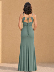 V-Neck Spaghetti Strap Satin A-Line Bridesmaid Dress with Side Slit
