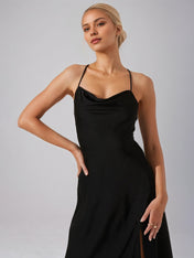 Black Chiffon A Line Spaghetti Straps Sleeveless Tea Length Dress