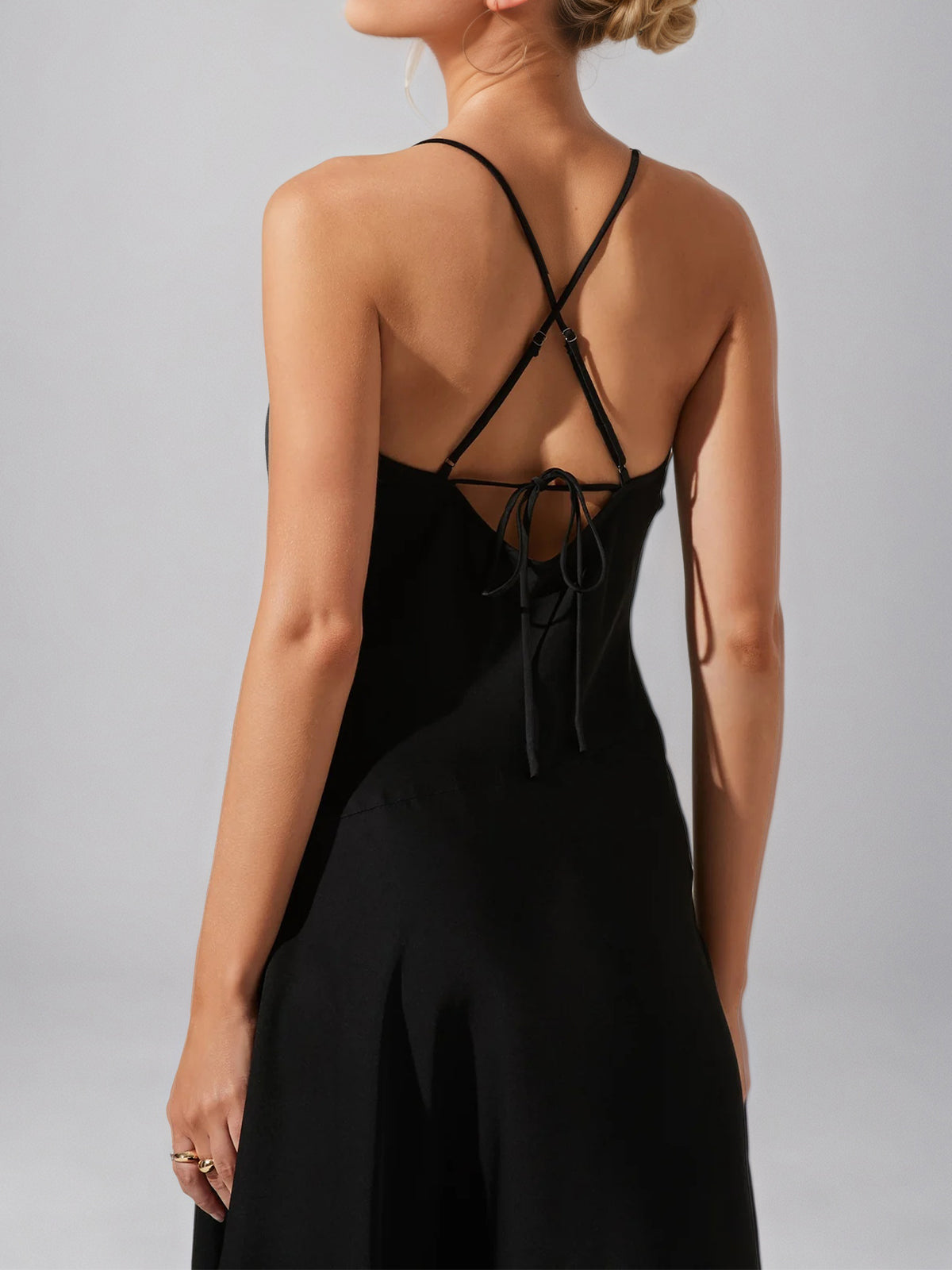Black Chiffon A Line Spaghetti Straps Sleeveless Tea Length Dress