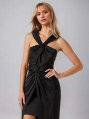 Robe de travail semi-formelle verte sans manches à volants, robe midi ajustée