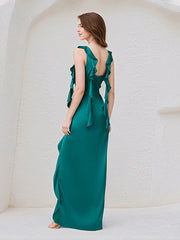 Dark Green Satin Sleeveless Floor Length Dress With Ruffles