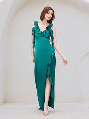 Dark Green Satin Sleeveless Floor Length Dress With Ruffles