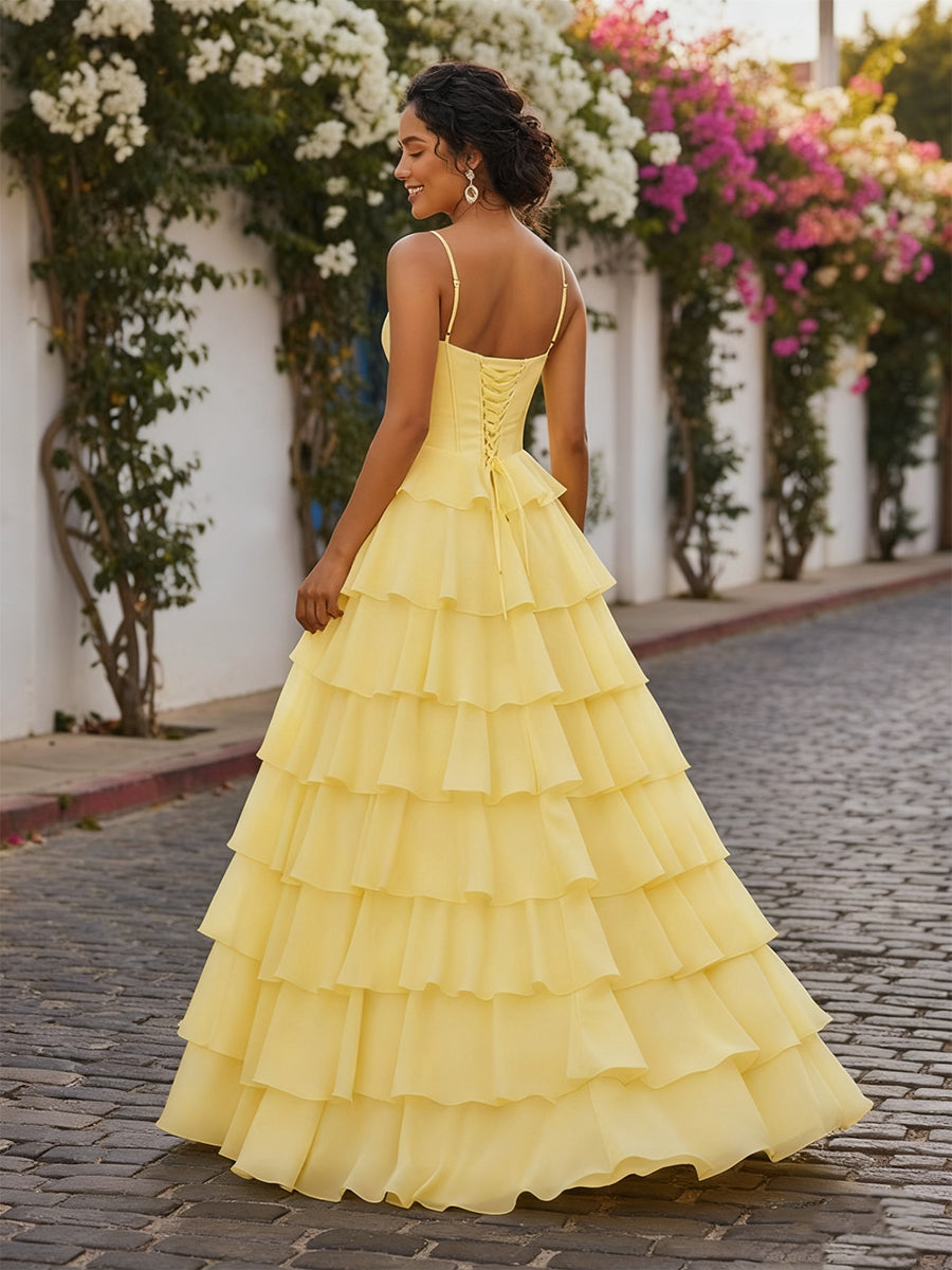 A Line Cowl Neck Chiffon Satin Tiered Ruffle Prom Dress